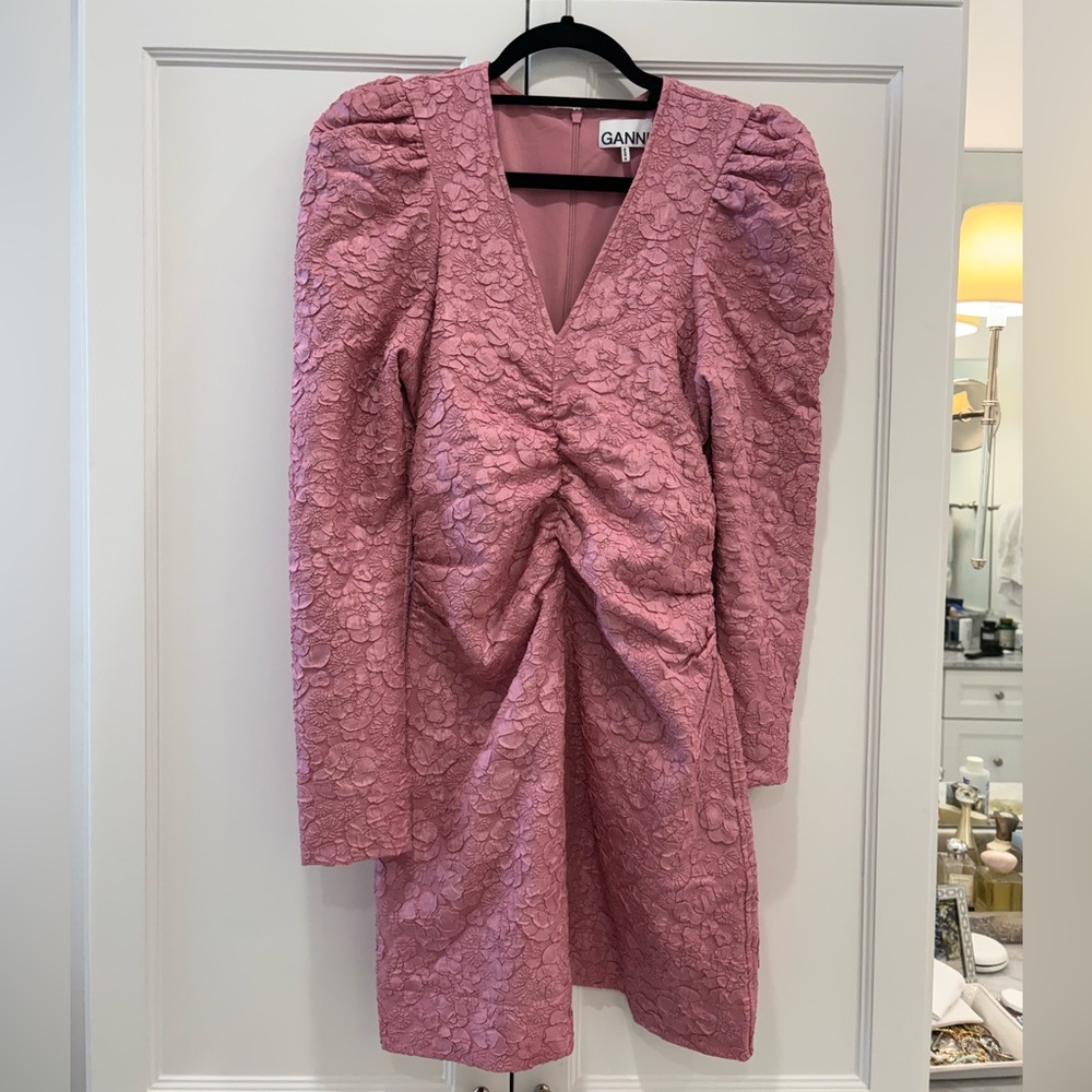 GANNI Pink Stretch V Neck Mini Dress
